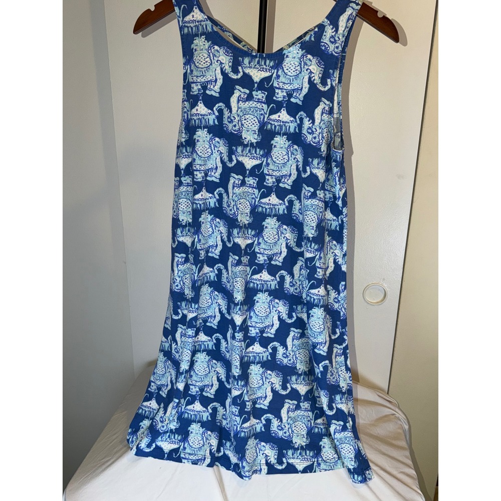 Lilly Pulitzer Dress Womens M Blue Elephant Print Pima Cotton Strappy Back Mini - Picture 2 of 6